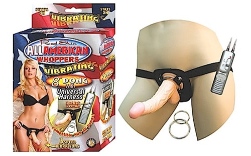 All American Whoppers Vibrating 8-Inch Dong With Universal Harness - Flesh NW2328-1