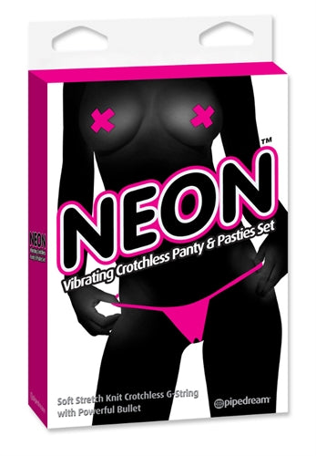 Neon Vibrating Crotchless Panty and Pasties Set - Pink PD1431-11