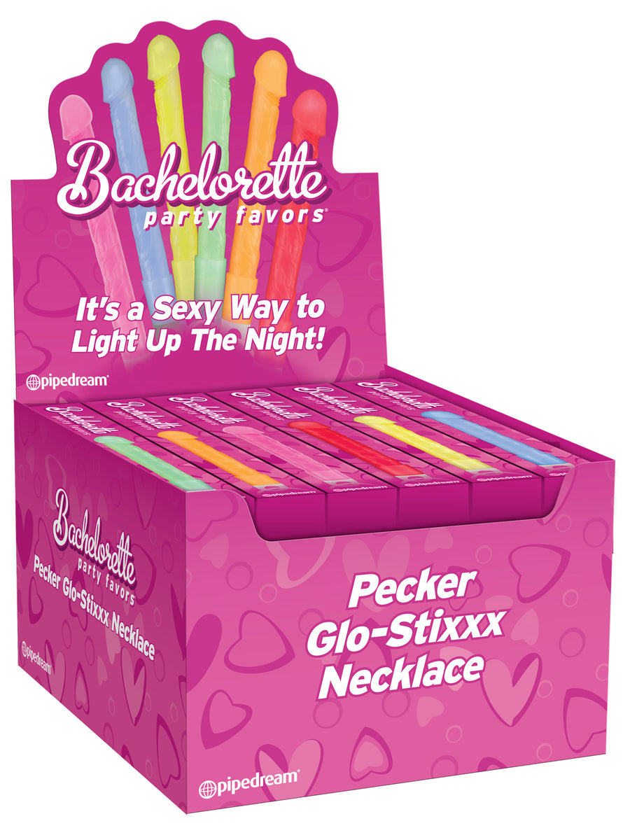Bachelorette Party Favors - Pecker Glo-Stixxx Necklace - 24 Piece Display - Assorted Colors PD6120-99D