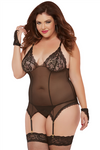 Lace Bustier Thong Gloves Set With Garters - Black - One Size Queen STM-10604XPBLK