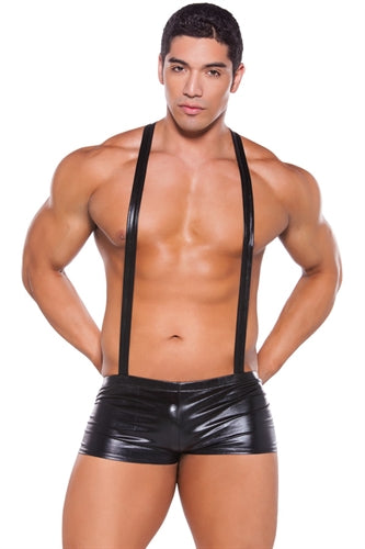 Wet Look Suspender Shorts - Black - One Size ALR-33-4502Z