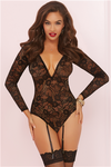 Long Sleeve Teddy With Garters - Black - One Size STM-10663PBLK