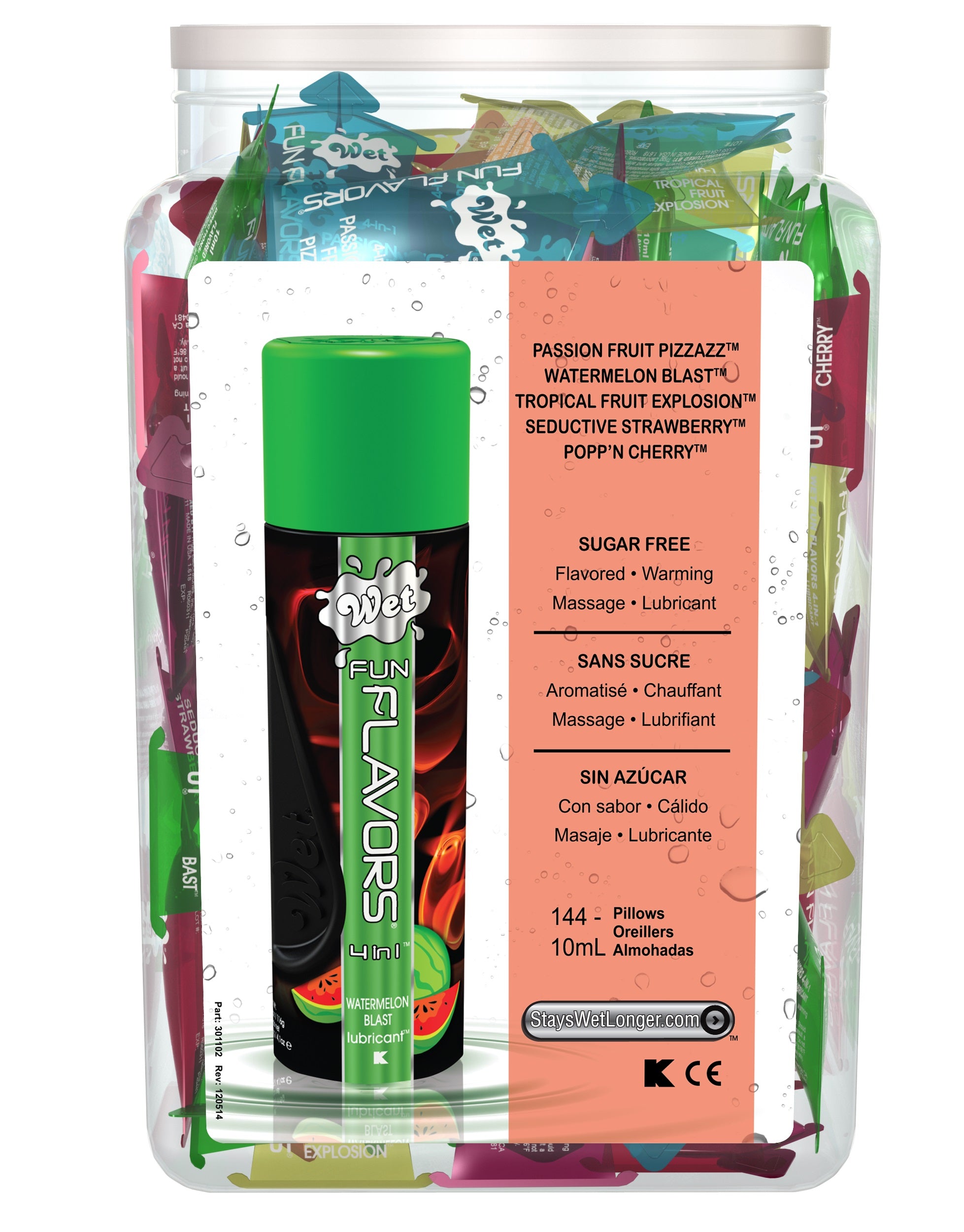 Wet Fun Flavors 4-in-1 Lube - Assorted - 144 Piece Bowl - 10 ml Pillows WT20449D