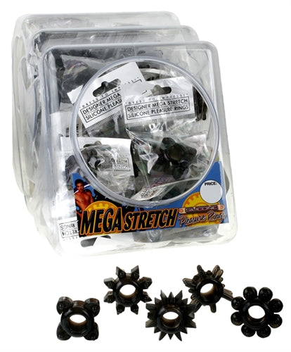 Mega Stretch Silicone Pleasure Ring - Black - 72pc Bowl PD2219-23