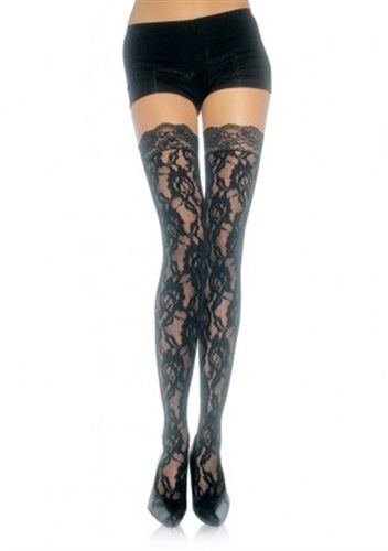 Lace Top Lace Thigh Highs - Black - One Size LA-9762BLK