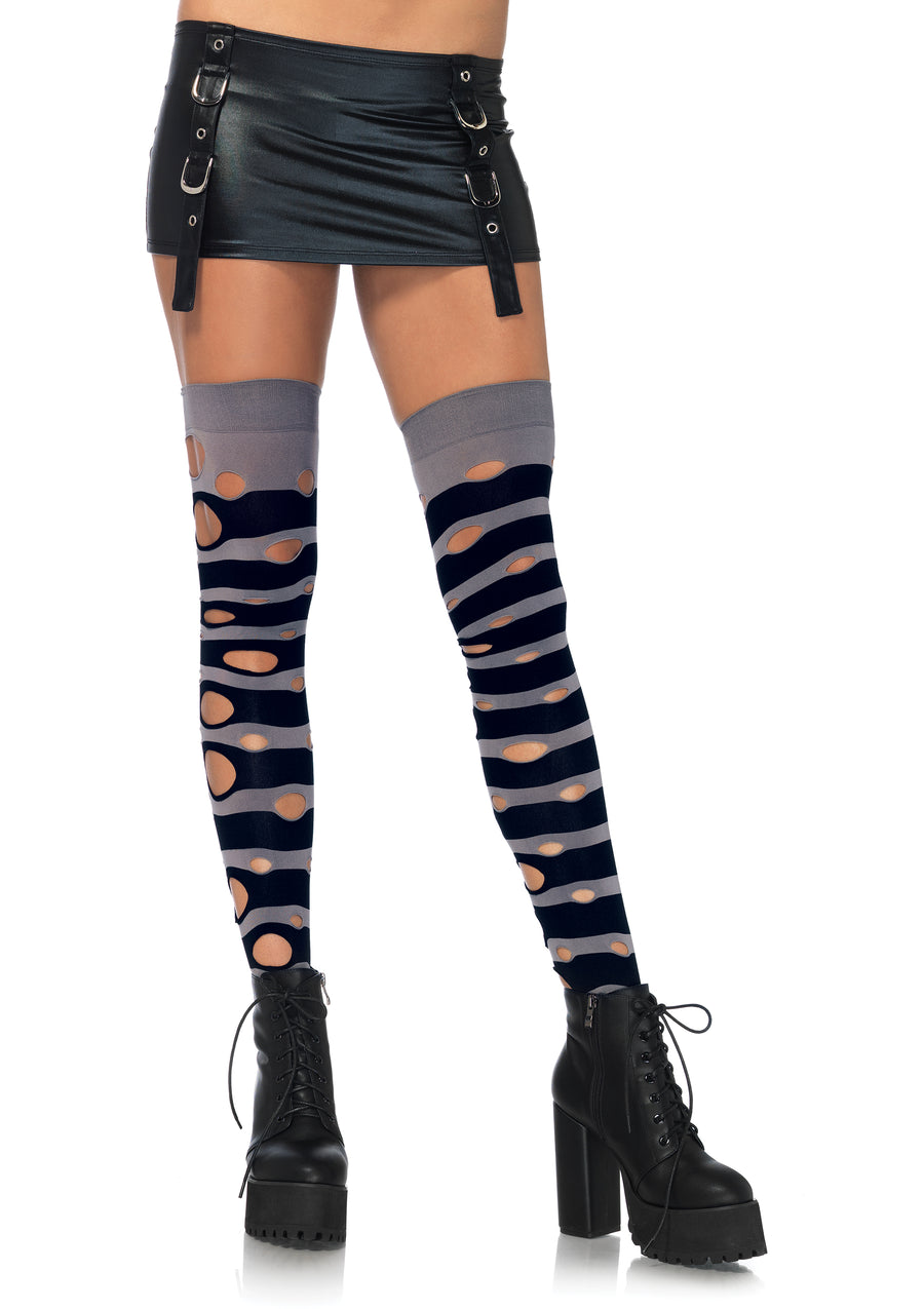 Distressed Striped Thigh Highs - Black/ Grey - One Size LA-6634BLKGR